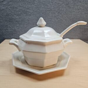 VTG 4 Piece Small White Ceramic Soup Tureen Octagon Shape Classic Style READ